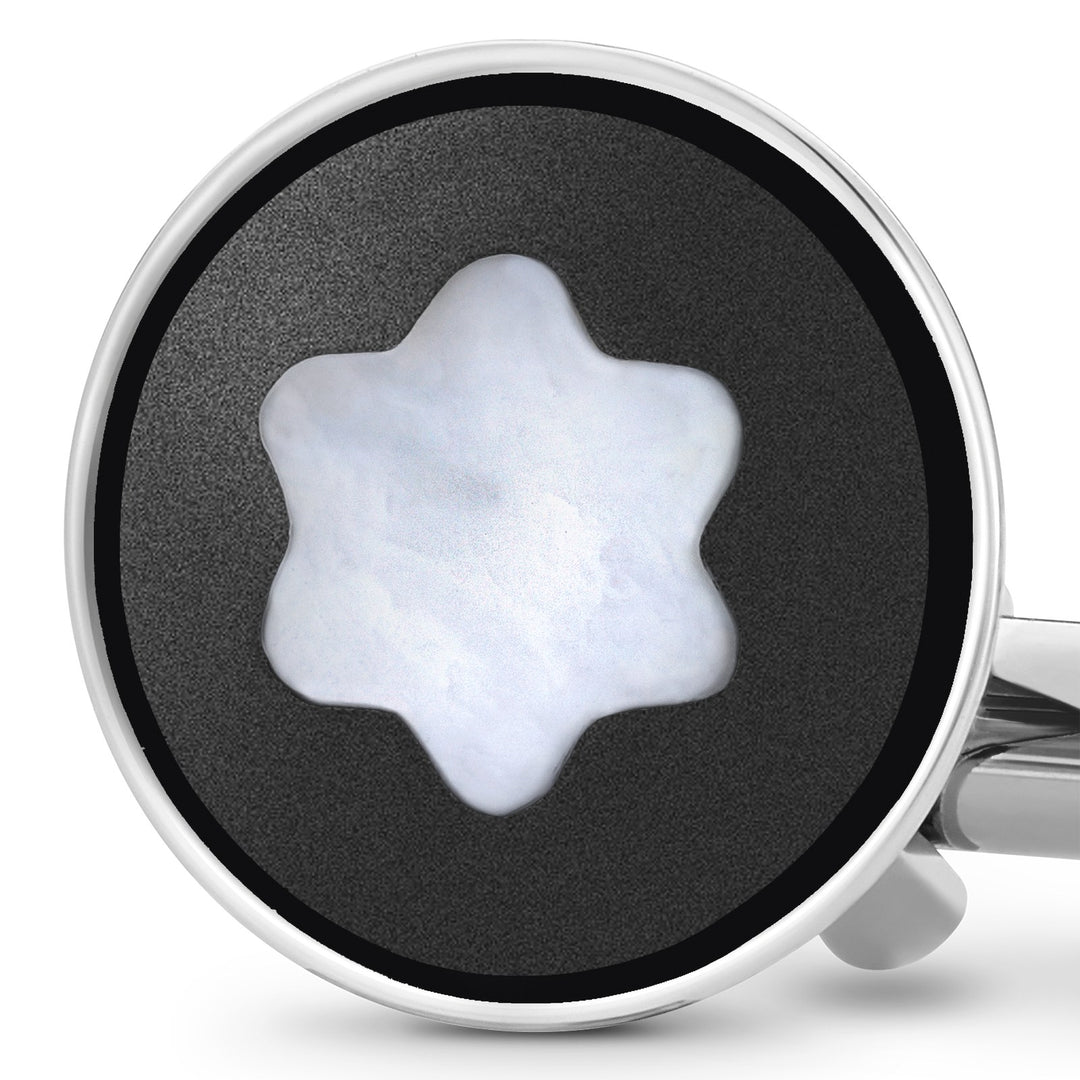 Montblanc Cufflinks, round in stainless steel with black PVD inlay and mother-of-pearl snowcap emblem MB123810