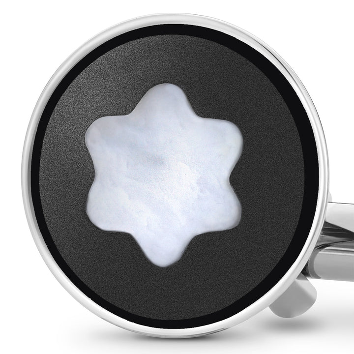 Montblanc Cufflinks, round in stainless steel with black PVD inlay and mother-of-pearl snowcap emblem MB123810