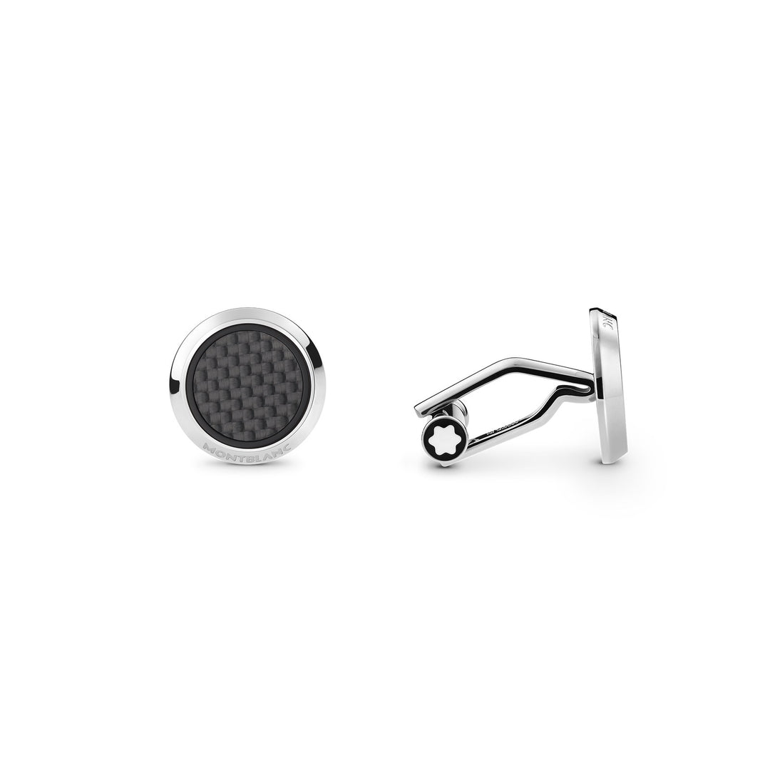 Montblanc Cufflinks, round in stainless steel with carbon-patterned inlay MB124295