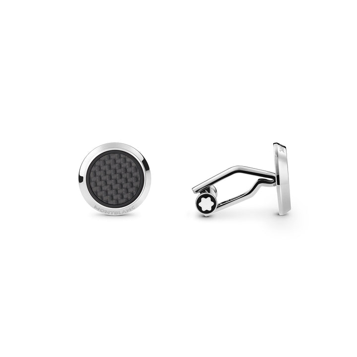 Montblanc Cufflinks, round in stainless steel with carbon-patterned inlay MB124295