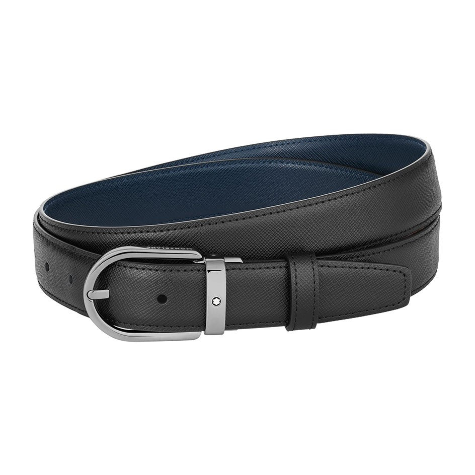 Montblanc 30 mm Reversible Black/Blue Leather Belt with Horseshoe Buckle MB128763