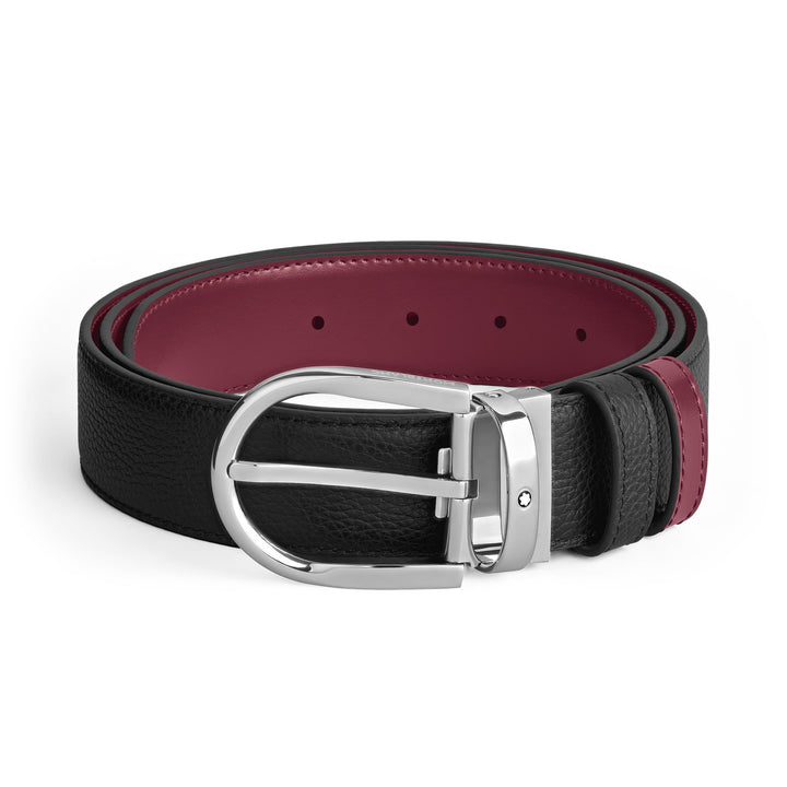 Montblanc Horseshoe Grainy Black/Plain Cassis 35 mm Reversible Leather Belt MB199665