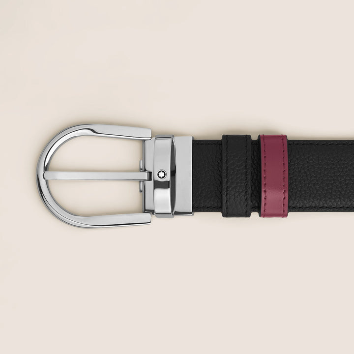 Montblanc Horseshoe Grainy Black/Plain Cassis 35 mm Reversible Leather Belt MB199665