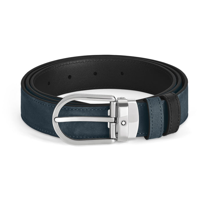 Montblanc Horseshoe buckle velvet blue/black 30mm reversible leather belt MB220976