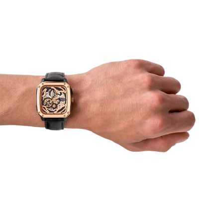 Fossil Inscription Automatic Black Leather Watch