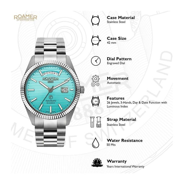 Roamer 981666 41 05 50 Primeline Daydate II 26 Jewels Automatic Watch for Men