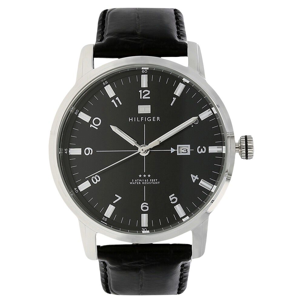 Tommy Hilfiger Quartz Analog with Date Black Dial Leather Strap Watch ...