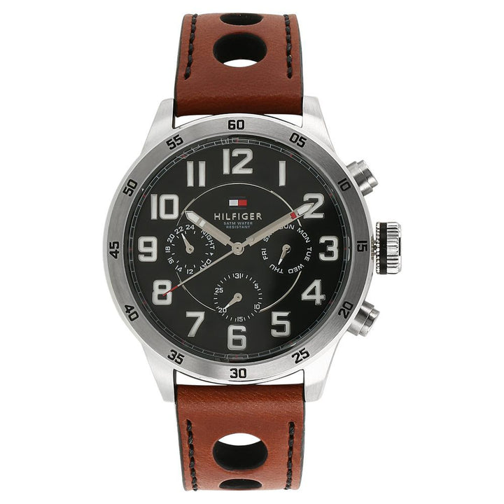 Tommy Hilfiger Quartz Analog with Day and Date Black Dial Leather Strap Watch for Men-NCTH1791049
