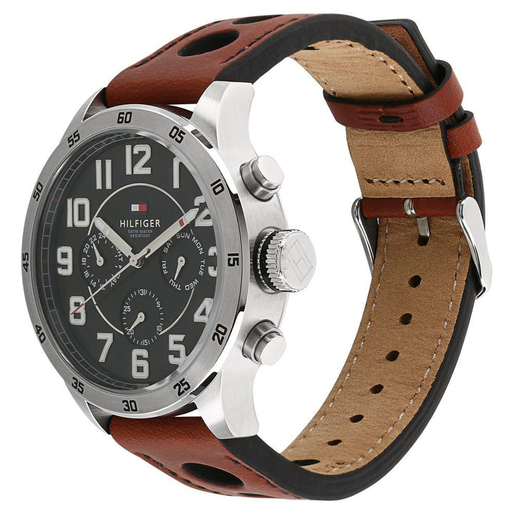 Tommy Hilfiger Quartz Analog with Day and Date Black Dial Leather Strap Watch for Men-NCTH1791049