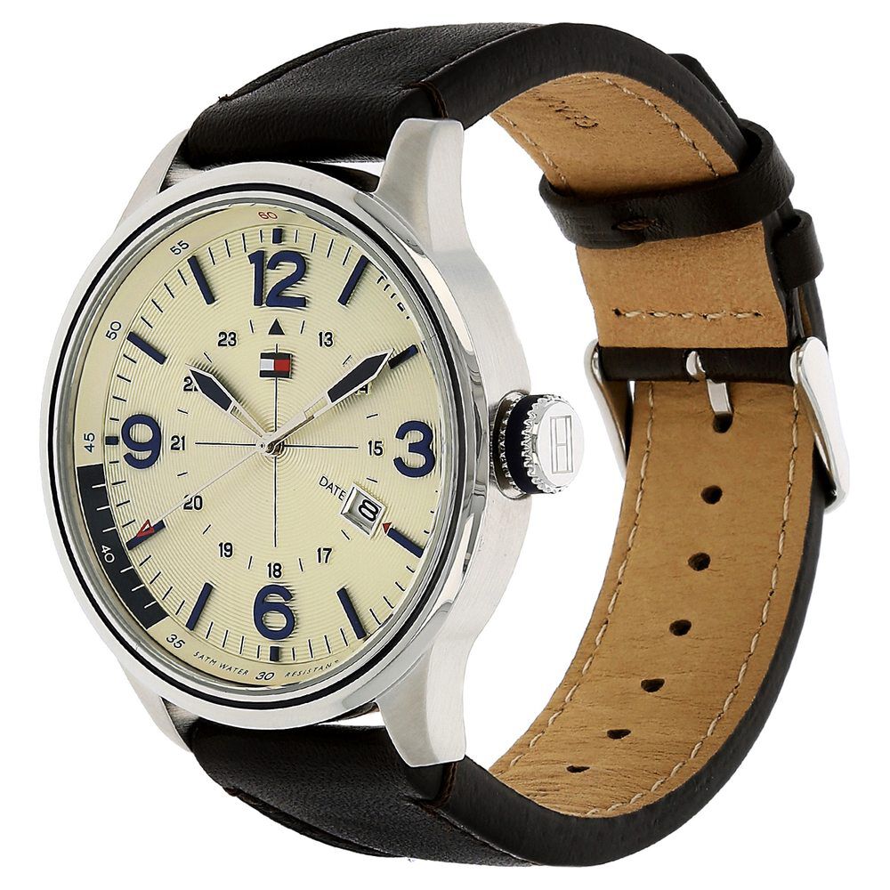 Tommy Hilfiger Quartz Analog Beige Dial Leather Strap Watch for Men-NATH1791102J