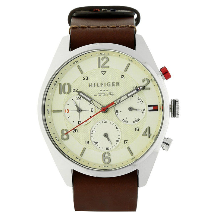 Tommy Hilfiger Quartz Multifunction Off White Dial Leather Strap Watch for Men-NCTH1791188W