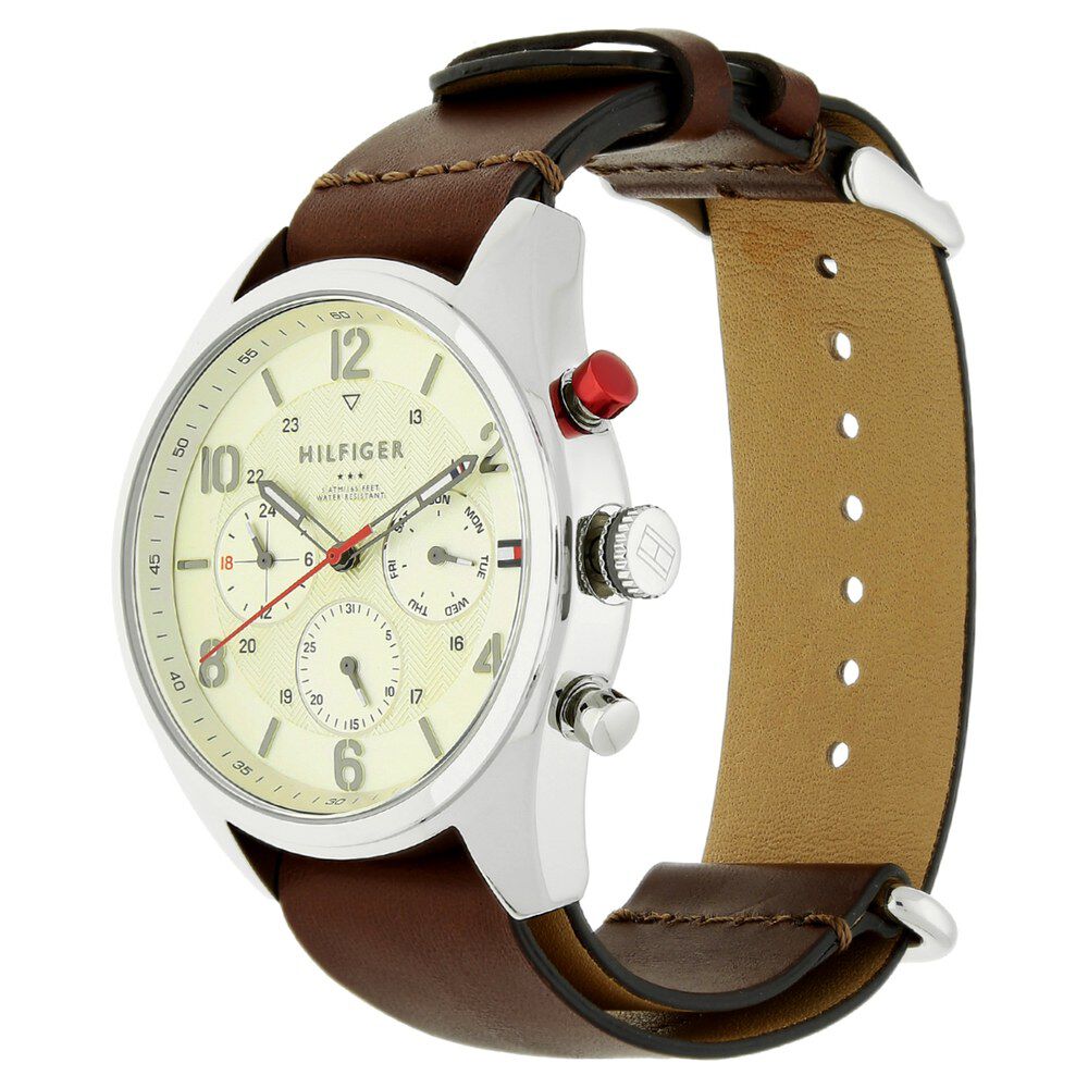 Tommy Hilfiger Quartz Multifunction Off White Dial Leather Strap Watch for Men-NCTH1791188W