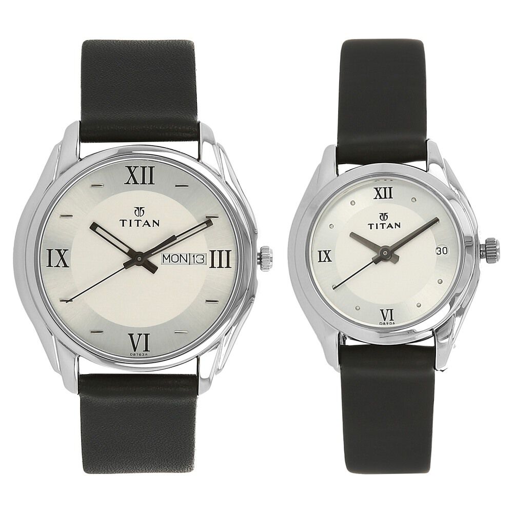 Titan Analog with Day and Date Silver Dial Leather Strap watch for Couple - The Watch Factory ®