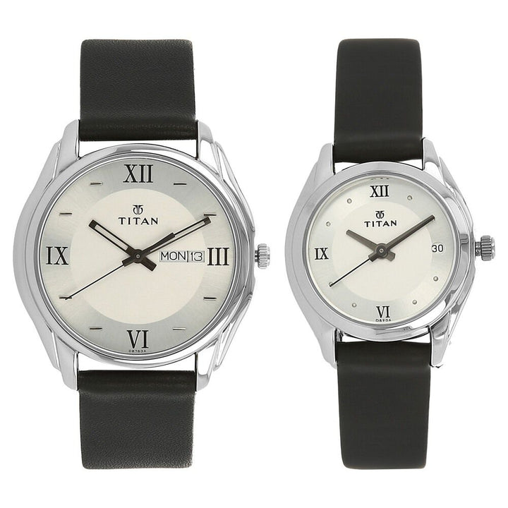 Titan Analog with Day and Date Silver Dial Leather Strap watch for Couple - The Watch Factory ®