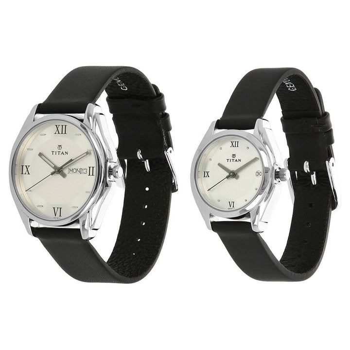 Titan Analog with Day and Date Silver Dial Leather Strap watch for Couple - The Watch Factory ®