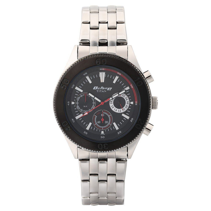 Titan Quartz Multifunction Black Dial Stainless Steel Strap Watch for Men-NL9324KM01