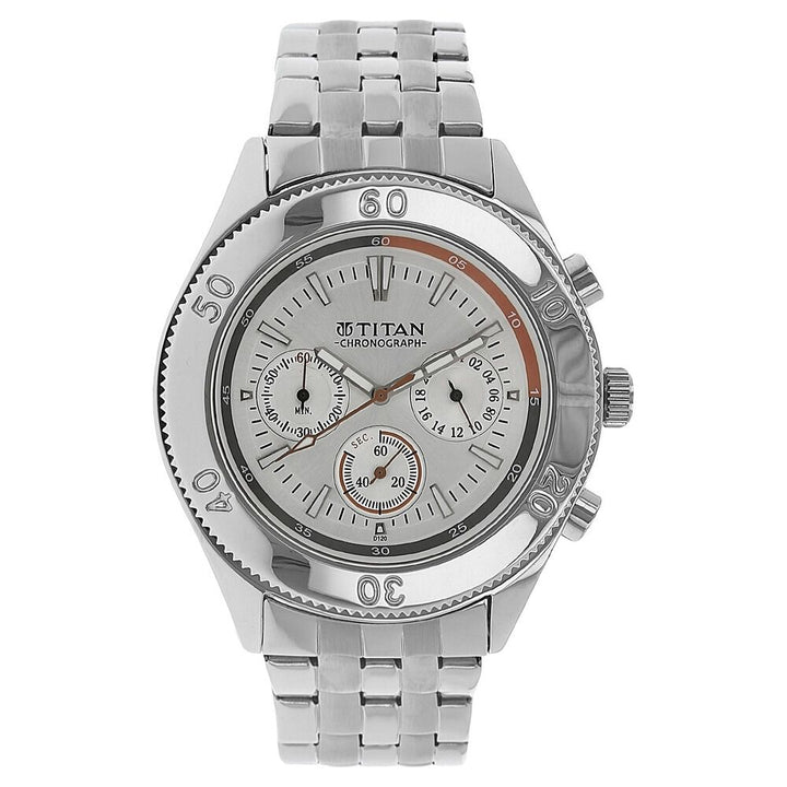 Titan Quartz Multifunction Silver Dial Stainless Steel Strap Watch for Men-NK9324SM01M