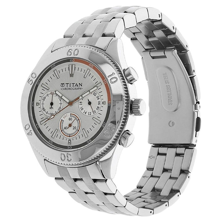 Titan Quartz Multifunction Silver Dial Stainless Steel Strap Watch for Men-NK9324SM01M