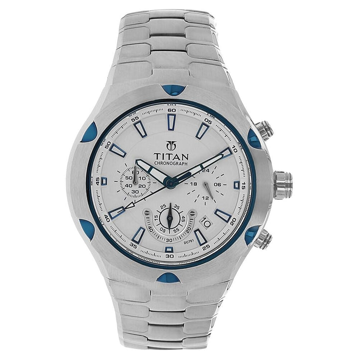 Titan Quartz Chronograph Silver Dial Stainless Steel Strap Watch for Men-NF9468KM01M