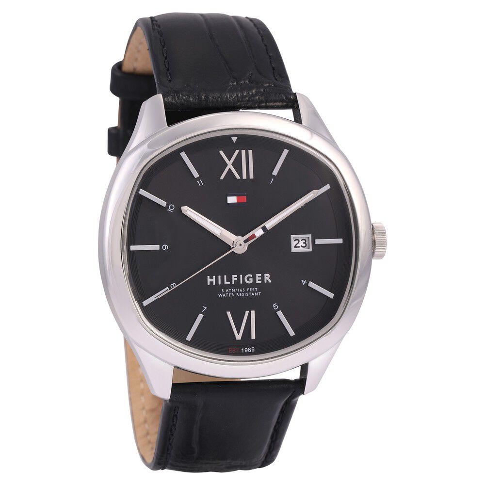 Tommy Hilfiger Quartz Analog with Day and Date Black Dial Leather Strap Watch for Men-NCTH1710365