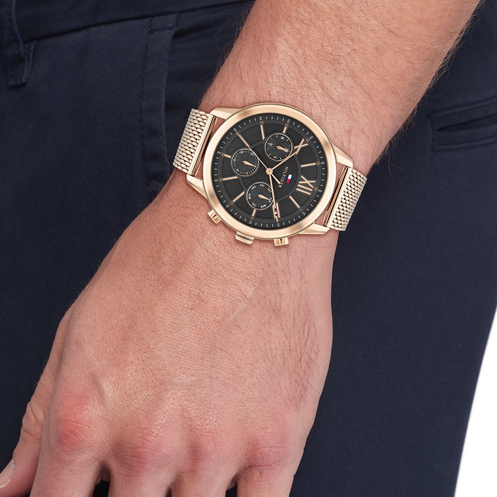 Tommy Hilfiger Grey Dial Golden Colour Stainless Steel Strap Watch For Men