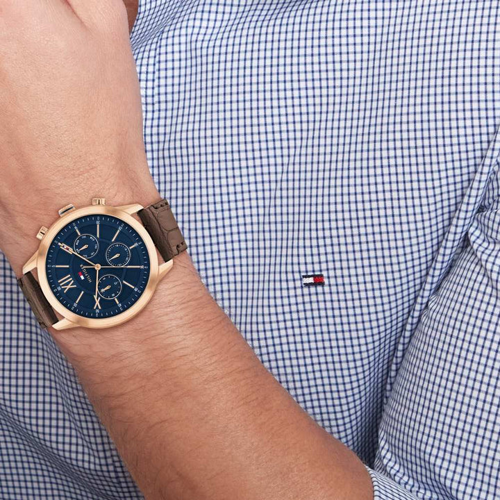 Tommy Hilfiger Blue Dial Brown Colour Leather Strap Watch For Men