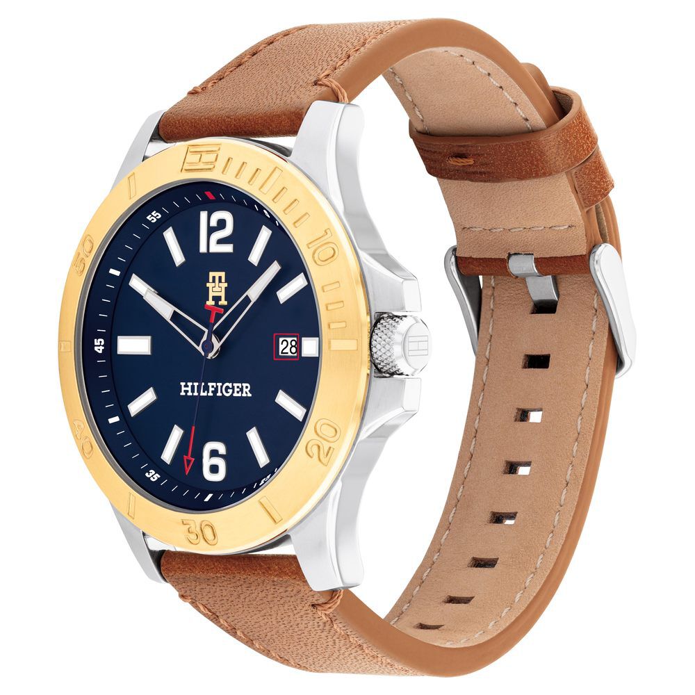 Tommy Hilfiger Quartz Analog with Date Blue Dial Brown Leather Strap Watch For Men-NTTH1710529