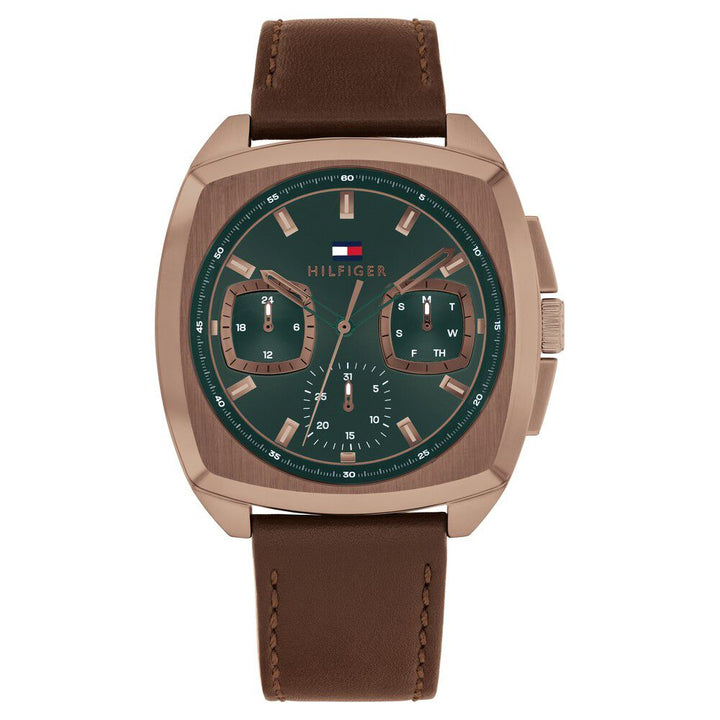Tommy Hilfiger Quartz Multifunction Green Dial Brown Leather Strap Watch for Men TH1710557W
