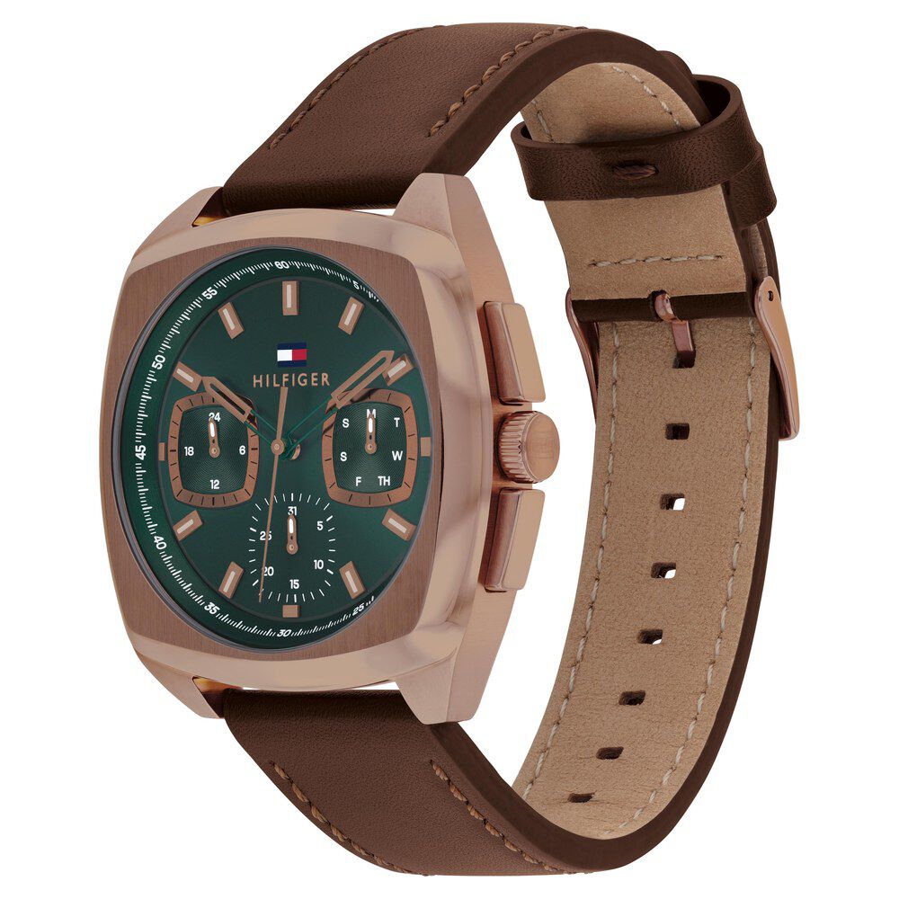 Tommy Hilfiger Quartz Multifunction Green Dial Brown Leather Strap Watch for Men-NTTH1710557