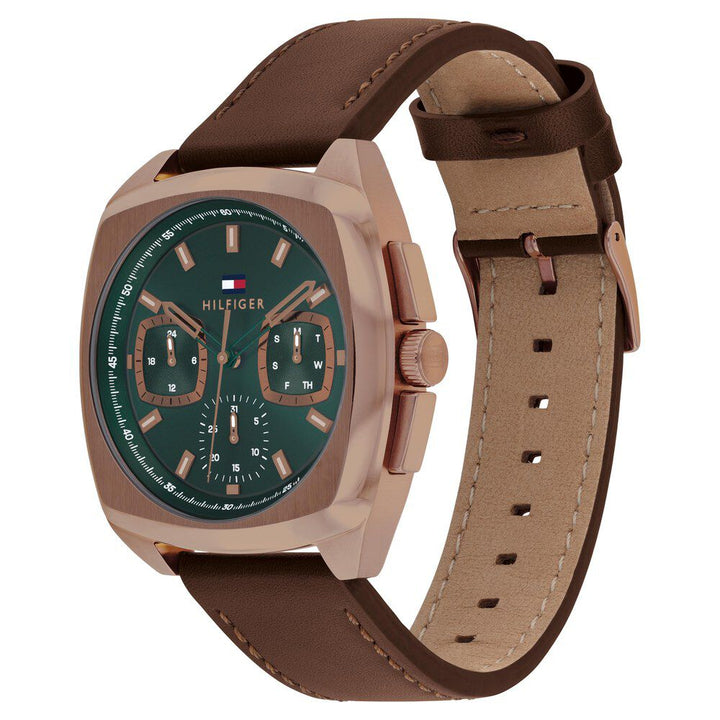 Tommy Hilfiger Quartz Multifunction Green Dial Brown Leather Strap Watch for Men-NTTH1710557