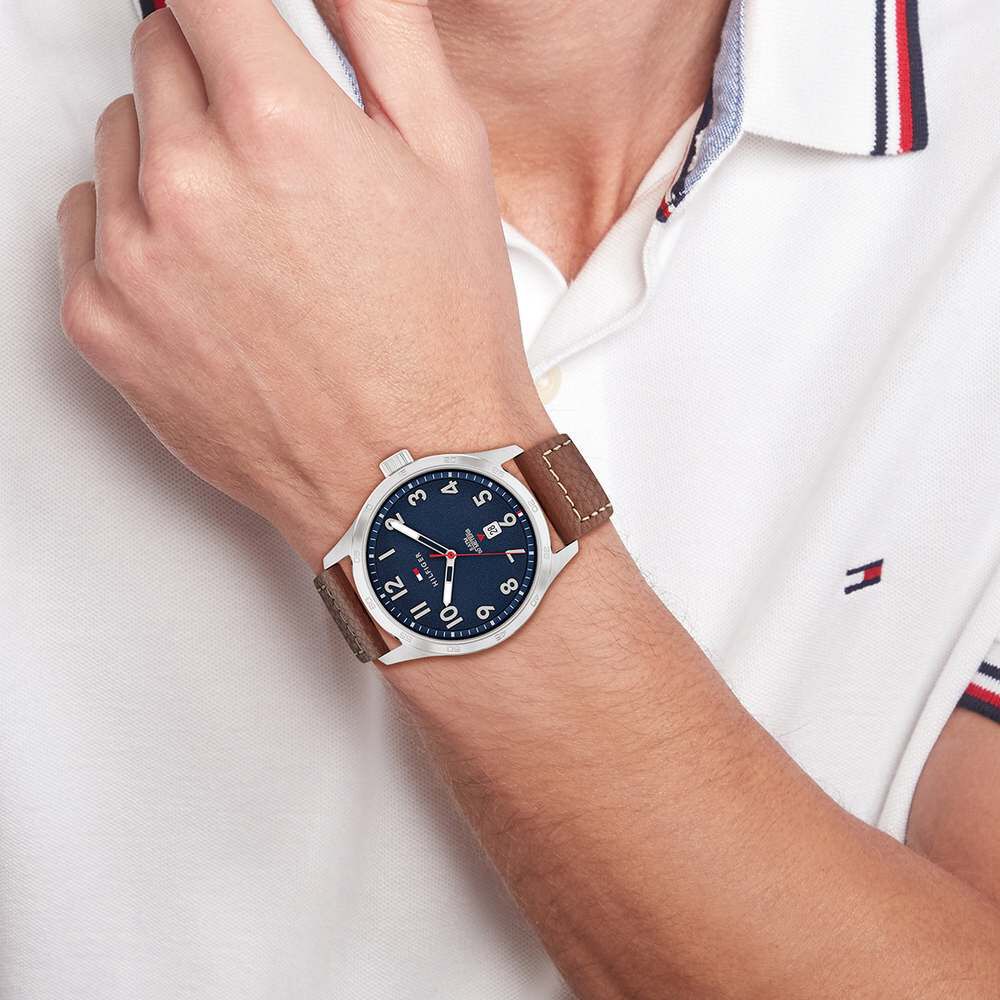 Tommy Hilfiger Quartz Analog With Date Blue Dial Leather Strap Watch For Men