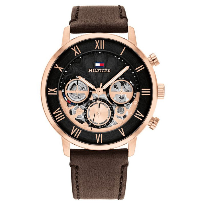 Tommy Hilfiger Quartz Multifunction Black Dial Leather Strap Watch For Men