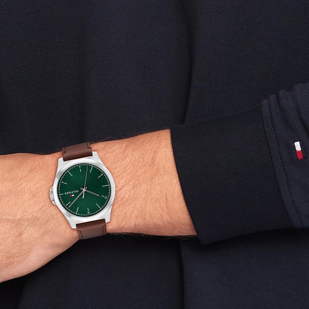 Tommy Hilfiger Quartz Analog Green Leather Strap For Men