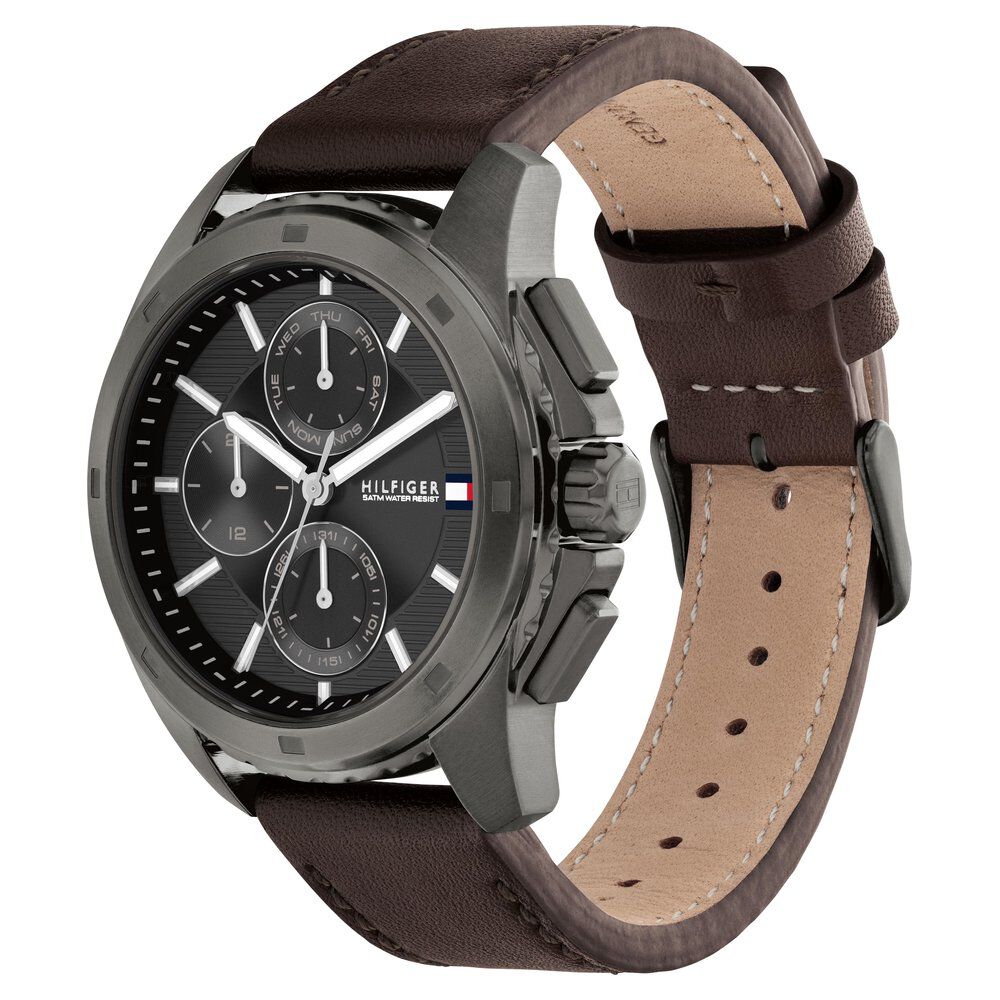 Tommy Hilfiger Quartz Multifunction Grey Dial Brown Leather Strap Watch for Men - The Watch Factory ®