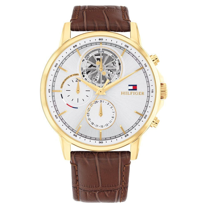 Tommy Hilfiger Quartz Multifunction Silver Dial Brown Leather Strap Watch for Men - The Watch Factory ®