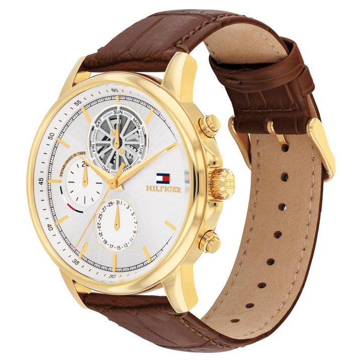 Tommy Hilfiger Quartz Multifunction Silver Dial Brown Leather Strap Watch for Men - The Watch Factory ®