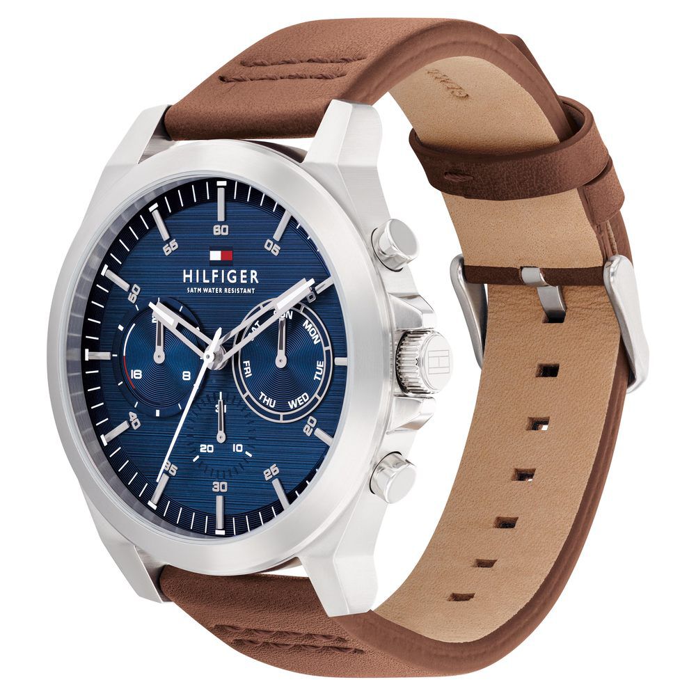 Tommy Hilfiger Quartz Multifunction Blue Dial Brown Leather Strap Watch for Men - The Watch Factory ®