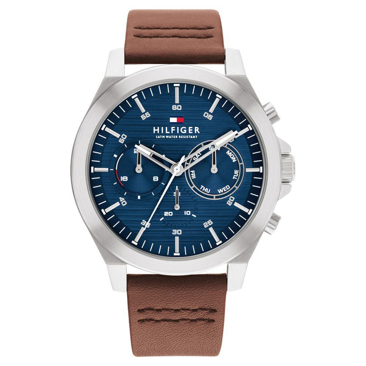 Tommy Hilfiger Multifunction Blue Round Dial Brown Leather Strap Watch For Men-NTTH1710633