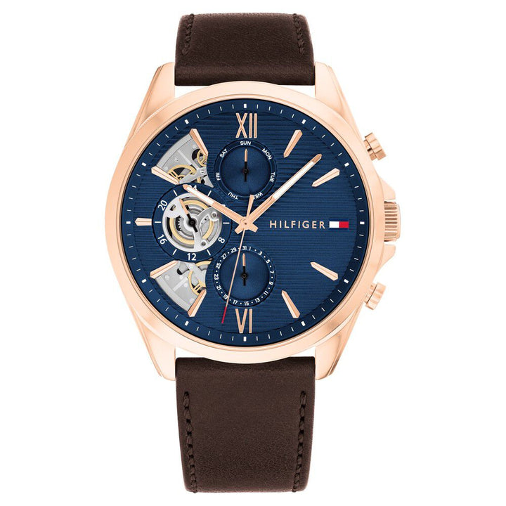 Tommy Hilfiger Multifunction Blue Dial Brown Color Leather Strap Watch For Men-TH1710645W