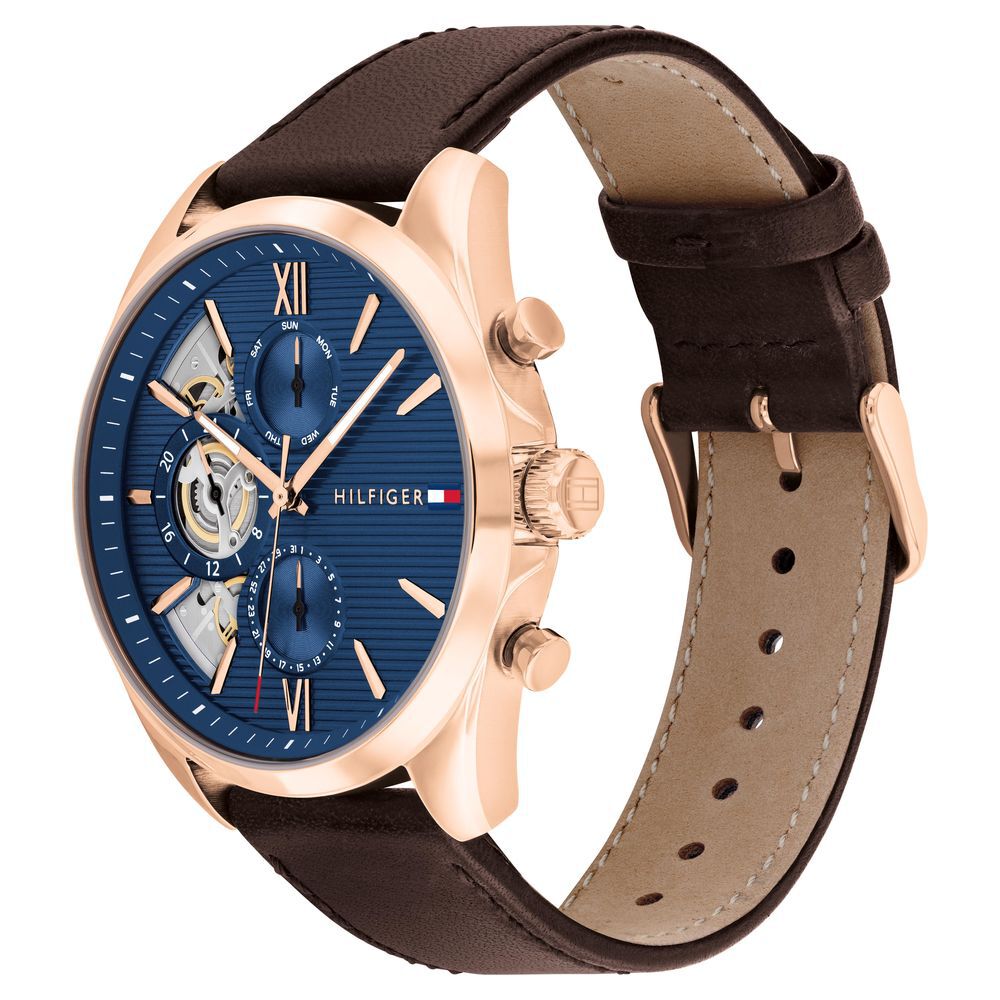 Tommy Hilfiger Multifunction Blue Dial Brown Color Leather Strap Watch For Men-TH1710645W