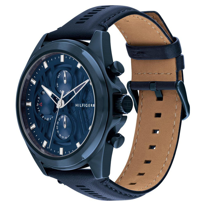 Tommy Hilfiger Multifunction Blue Dial Blue Color Leather Strap Watch For Men-TH1710655W