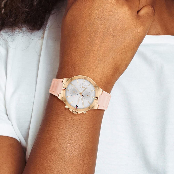 Tommy Hilfiger Quartz Multifunction Silver Dial Silicone Strap Watch For Women
