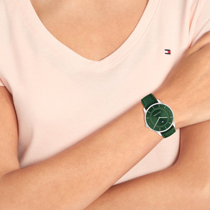 Tommy Hilfiger Quartz Analog Green Dial Leather Strap Watch For Women