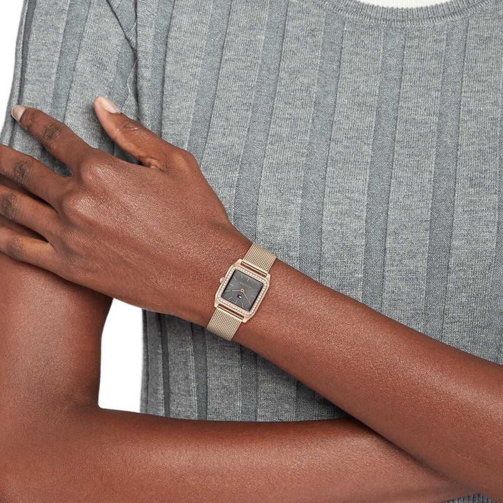 Tommy Hilfiger Grey Dial Golden Stainless Steel Strap Watch For Women