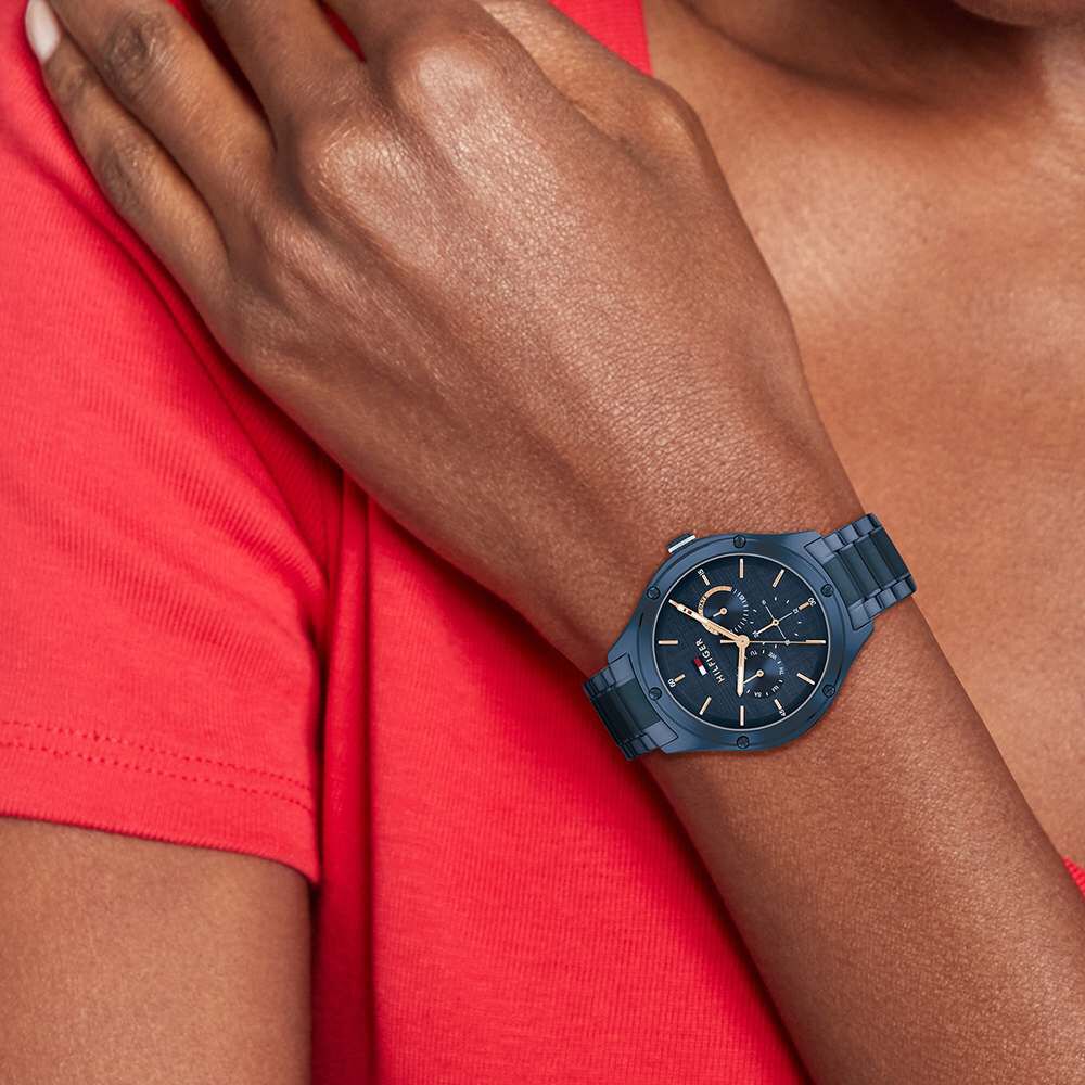 Tommy Hilfiger Quartz Analog With Day And Date Blue Dial Stainless Steel Strap Watch For Women