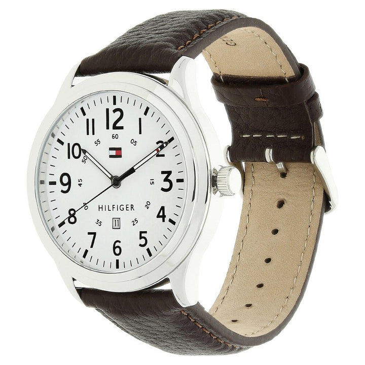 Tommy Hilfiger Quartz Analog with Day and Date White Dial Leather Strap Watch for Men-TH1791259W