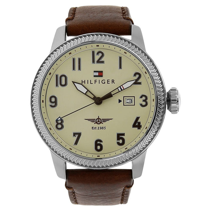 Tommy Hilfiger Quartz Analog with Date Beige Dial Leather Strap Watch for Men-NCTH1791315W