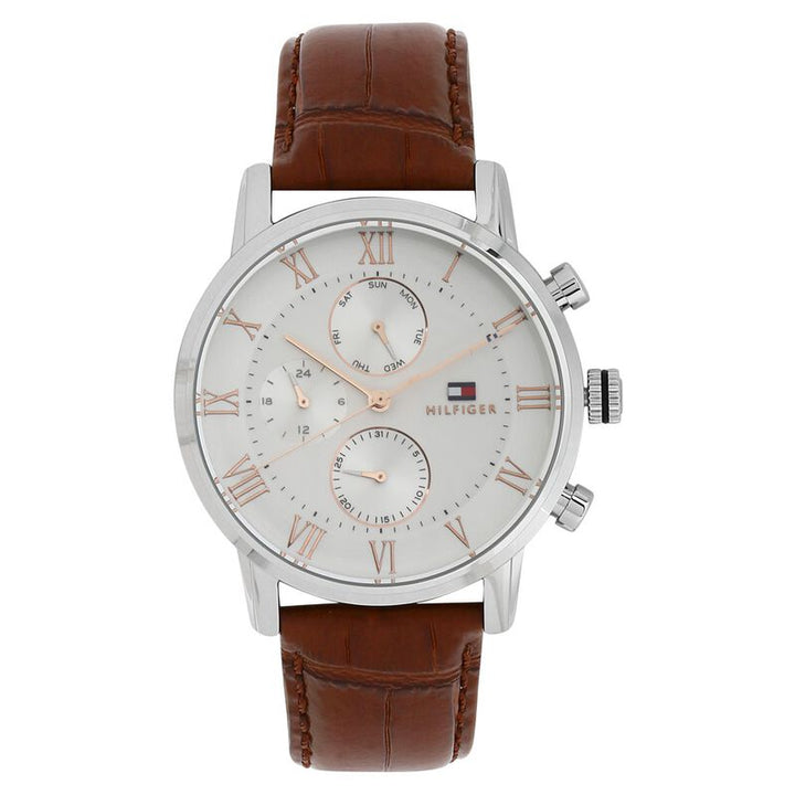 Tommy Hilfiger Quartz Multifunction Silver Dial Leather Strap Watch For Men