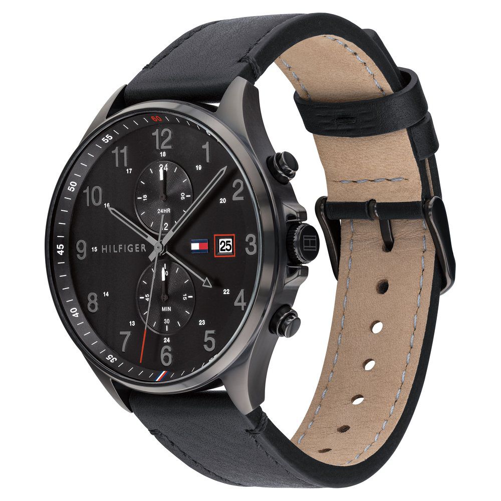 Tommy Hilfiger Quartz Multifunction Black Dial Leather Strap Watch For Men