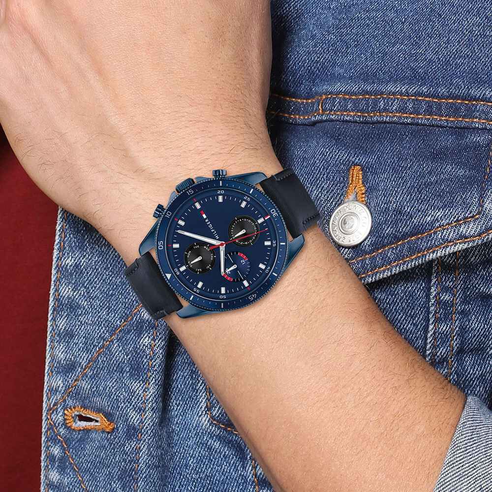 Tommy Hilfiger Quartz Multifunction Blue Dial Leather Strap Watch for Men NETH1791839W